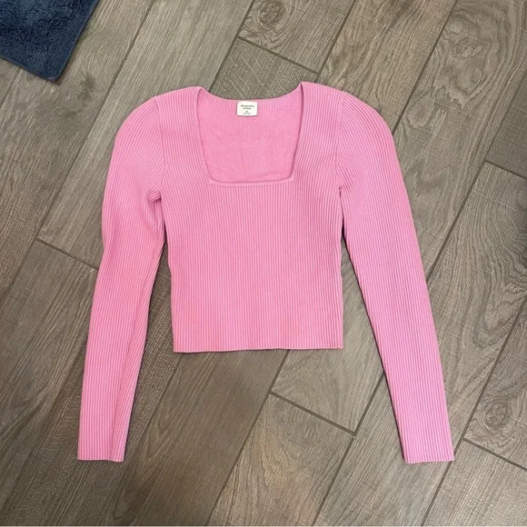 Abercrombie & Fitch Long Sleeve Ottoman Squareneck Top Pink - Picture 2 of 5